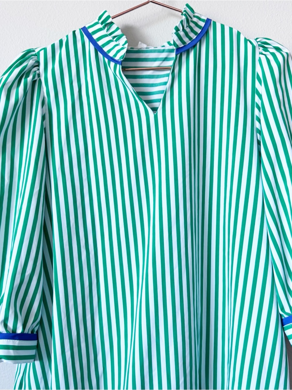 Mary Square Naomi Green and White Striped Ruffle-Hem Puff Sleeve Casual Dress - Picture 3 of 10